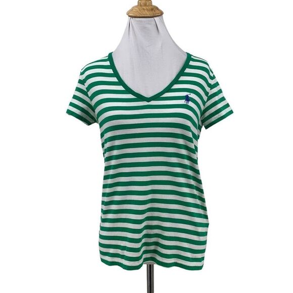 Polo Ralph Lauren Classic Green Striped V Neck Tee size L - Picture 1 of 4